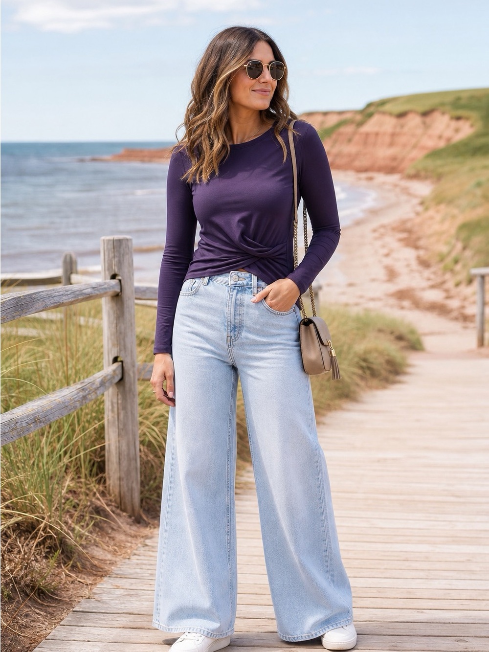 Dynamite Long Sleeve Twist Front Top in Deep Purple